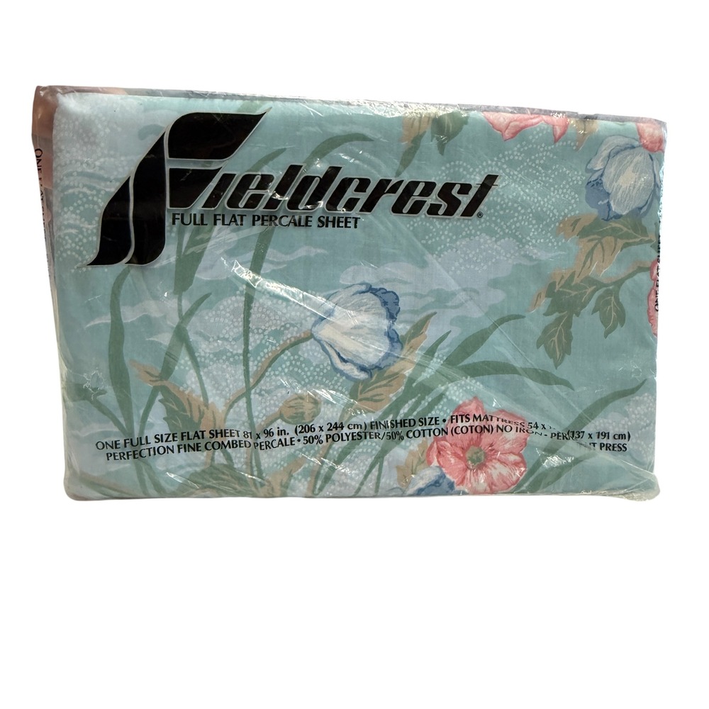 New Fieldcrest Flat Sheet Full Sky Garden Blue Floral Percale Cotton Blend‎ Vtg